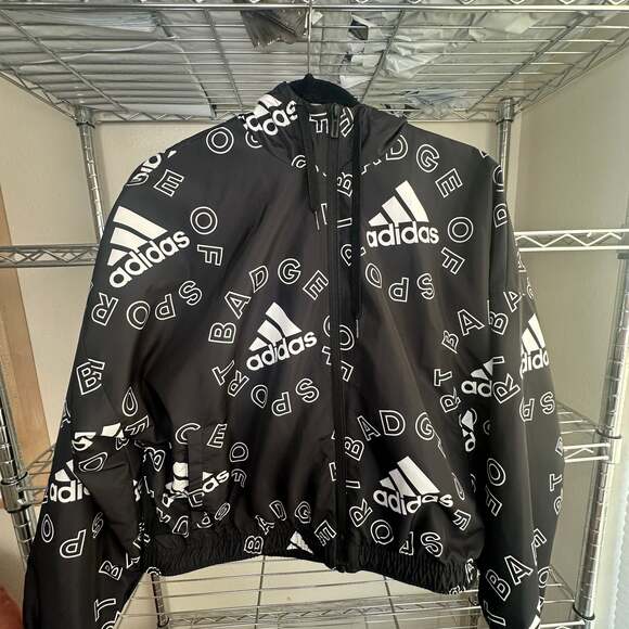 Adidas Black & White All-Over Print Badge of Sport Windbreaker Jacket - Picture 1 of 4